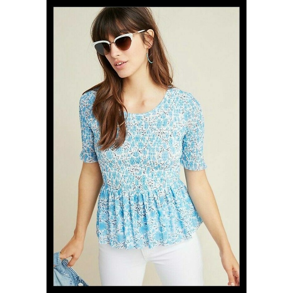 NWT Anthropologie Maeve Ashton Smocked Peplum Top Blue Floral XS